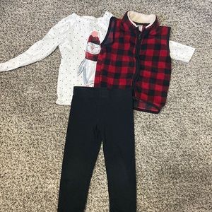 3 piece 4T outfit with shirt, leggings, and fleece vest